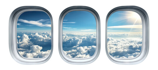 Airplane windows with a sunny view of clouds, isolated on transparent cutout background