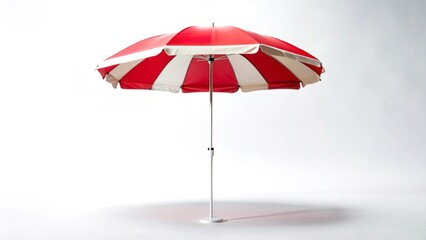 Obraz premium Vibrant red and white beach umbrella isolated on white background product photography studio setting minimalist design 