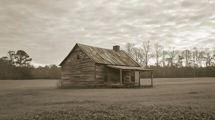 Vintage Farmhouse Standing Alone in Field with Overcast Sky