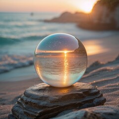 A World Within a Sphere: As the Ocean Kisses the Horizon and the Sky Burns in Hues of Gold, Pink, and Sapphire, a Crystal Orb Balances on Stone, Reflecting the Sunset in Perfect Symmetry—A Captivating