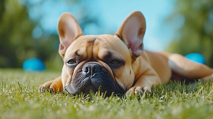 Fototapeta premium French Bulldog resting on grass outdoors
