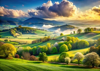 Obraz premium Double exposure artistry: vibrant spring meadows, rolling green hills, bathed in sunny skies, atop majestic mountains.