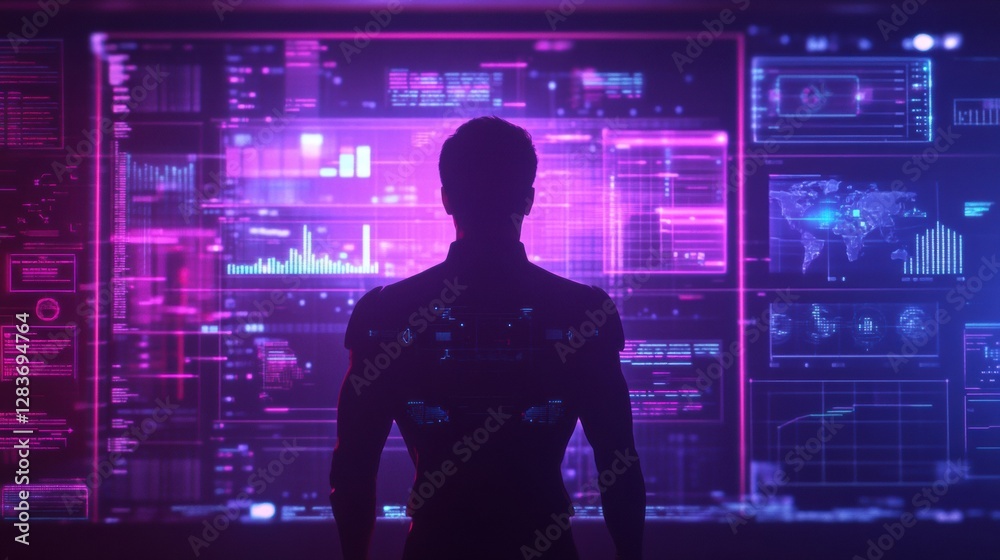Aufkleber Human silhouette with futuristic AI visualizations and data analytics in a digital environment. Generative AI