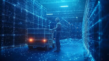 High-tech warehouse logistics scene with a worker moving a pallet truck and glowing UI tracking system, featuring low poly wireframe details.