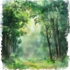 Fototapeta premium Peaceful Watercolor Forest Landscape with Vibrant Green Trees