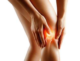 Woman holding painful knee with highlighted inflammation, isolated on transparent cutout background