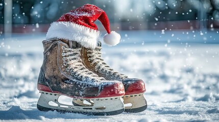 Hockey Skates with Santa Hat: A playful representation of hockey skates adorned with a Santa hat, combining sports and holiday spirit in a festive context.