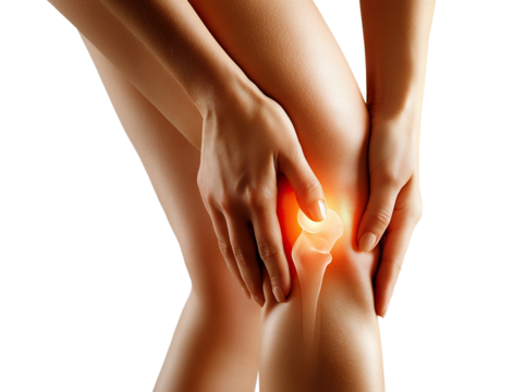Woman holding painful knee with highlighted inflammation, isolated on transparent cutout background - Powered by Adobe