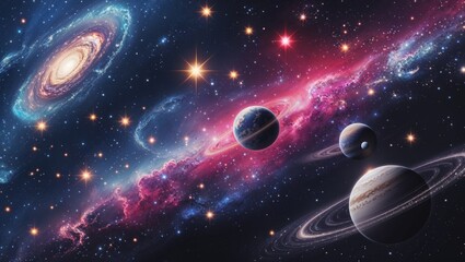 Vibrant galaxy showcasing planets with rings amidst shining stars and colorful nebulae in deep space.