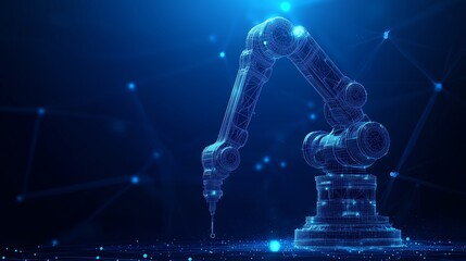 Industry technology with automatic robots and mechanical arms, highlighting minimalist design and low poly wireframe with dark blue background and ample copy space for text.