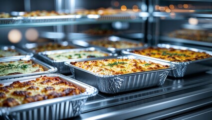 Close-up shot of lasagna in foil containers inside a food warmer, prepared for takeout or delivery.