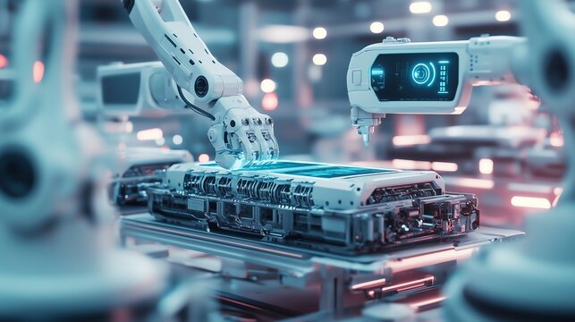 3D render of robotic arms assembling an EV battery pack with a holographic interface in a minimalist factory. - Powered by Adobe