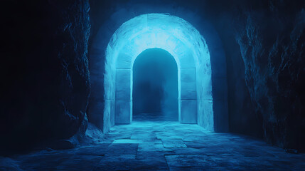 Ancient portal with blue light and ruins at ritual place. Portal to Forgotten Worlds. Illustration