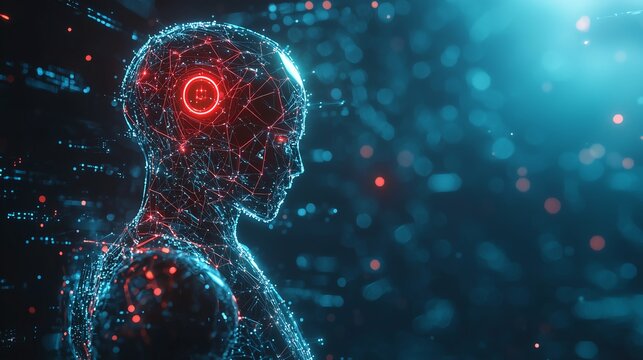 3D-rendered humanoid AI robot standing in a futuristic digital metaverse world, surrounded by abstract cyber space with glowing neural connections. Sleek.