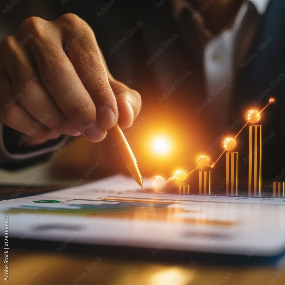 Poster Analyzing Business Growth: Man Pointing to Upward Trend in a Financial Chart with a Pen.