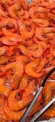 Orange boiled shrimp in a restaurant