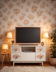 Vintage-style TV cabinet with 1960s decor.