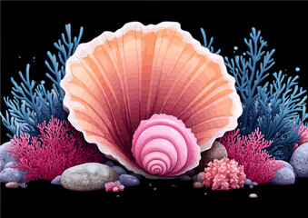 Pink Seashell and Coral Scene in Underwater Habitat