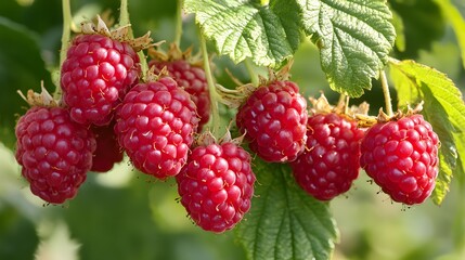 Raspberries tree with a bunch of growing mature Raspberries