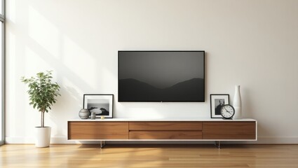 Minimalist modern living room with sleek TV console and neutral decor