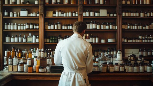A traditional apothecary in a vintage pharmacy filled with glass bottles and herbs