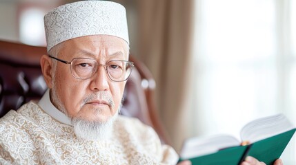 Obraz premium Senior Muslim man reading a book at home, indoors, peaceful moment