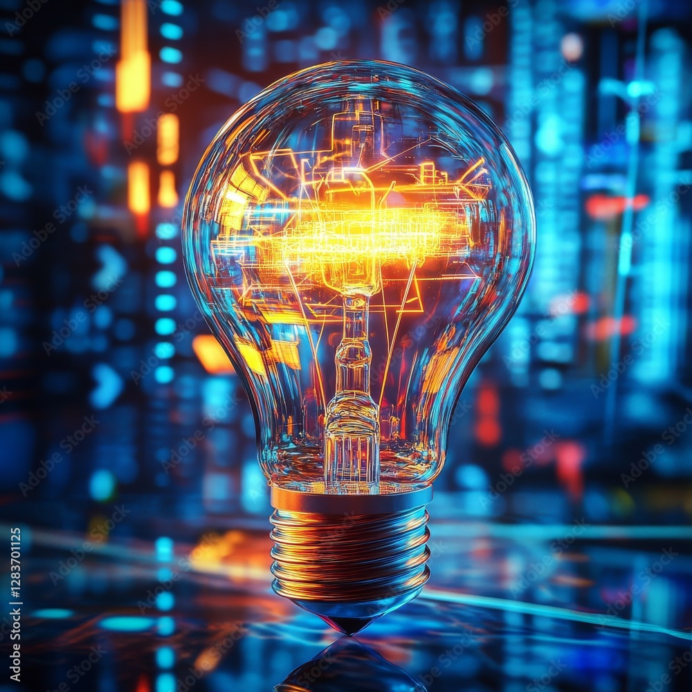 Fototapete illuminating innovation: light bulb with circuitry and a futuristic techscape backdrop, symbolizing 