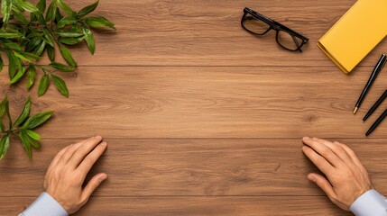 Hands Resting on Wooden Desk with Blank Space for Creative Projects