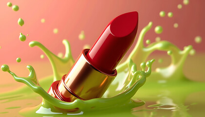 Red lipstick splashing in green liquid backdrop