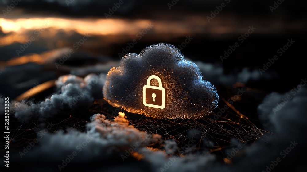 Poster cloud computing technology is represented by a large cloud icon situated above a polygon in an abstr