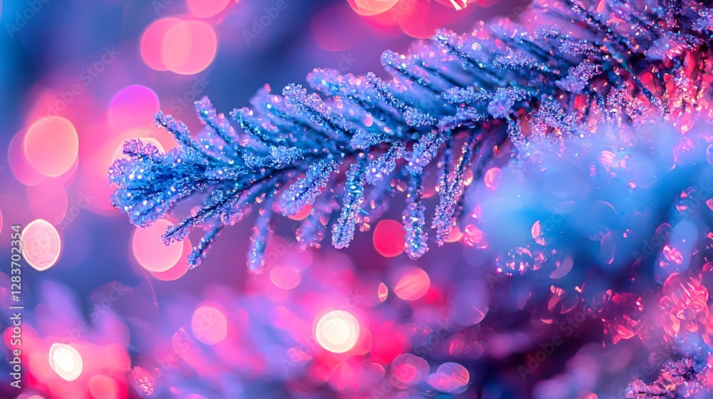 Poster frost covered christmas tree branch in close-up with colorful background lights for celebration