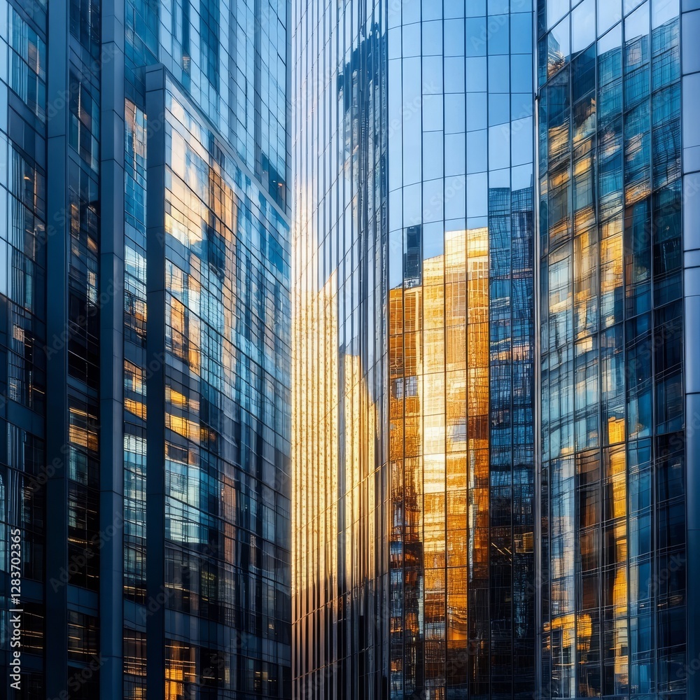 Poster reflections of light dancing on modern architecture: abstract skyscraper facade with contrasting gol