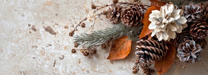 The corner of a rustic dark banner background is adorned with colorful fall leaves, nuts, and pine cones, shown from an overhead perspective with copy space
