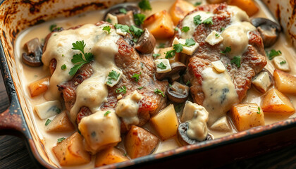 Savory pork chops served in a creamy sauce with potatoes and mushrooms, garnished with fresh herbs. A delightful and hearty dish perfect for dinner and comforting recipes.

