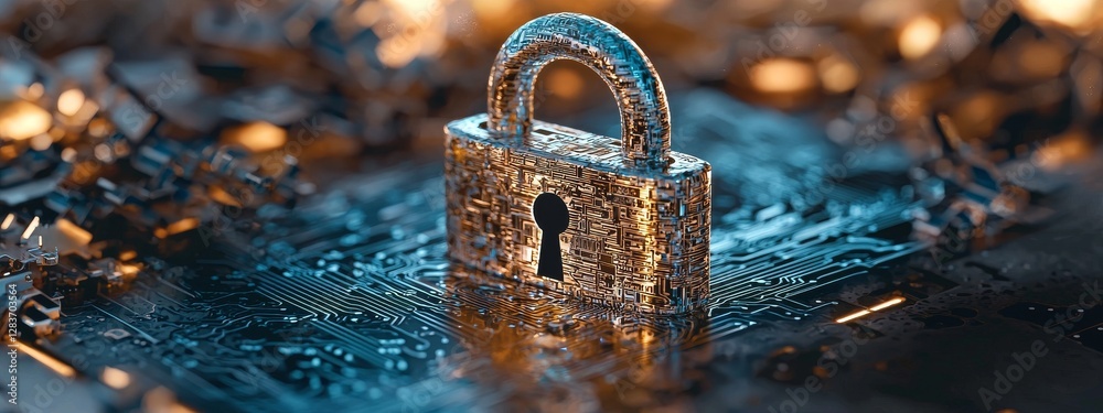 Poster concept of cybersecurity service or secure connection represented by a closeup of a computer motherb