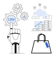 Robotic arm touches CRM gear, cloud connections to servers, shopping bag with blue tag. Ideal for CRM systems, automation, cloud computing, data management, e-commerce solutions, technology