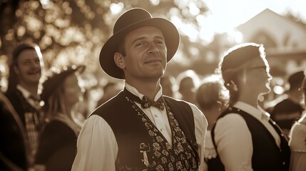 Man in traditional Bavarian clothing with hat at cultural festival in warm sepia tone