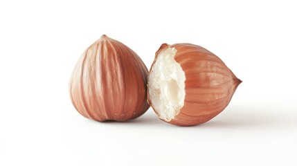 Falling hazelnuts isolated on a white background, studio shot, soft lighting, high-quality photo, with copy space available.