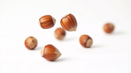 Falling hazelnuts isolated on a white background, studio shot, soft lighting, high-quality photo, with copy space available.
