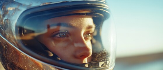 With a focused gaze, a woman wearing a helmet embodies determination and readiness, set against a clear blue sky.