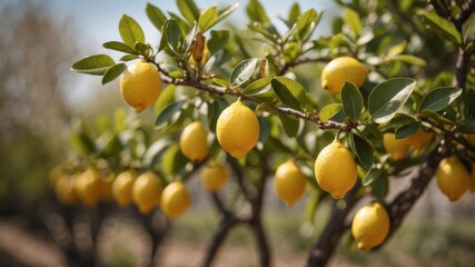 Vibrant yellow lemons hang from lush green trees, bathed in warm sunlight in a lemon orchard.
