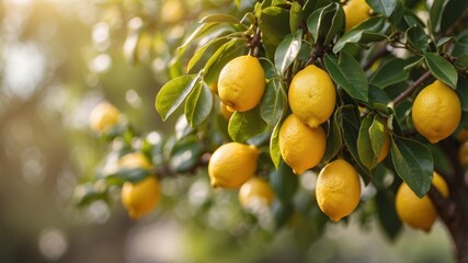 Sun-kissed lemons hang heavy on the branches of a lush lemon tree, promising a refreshing zest.