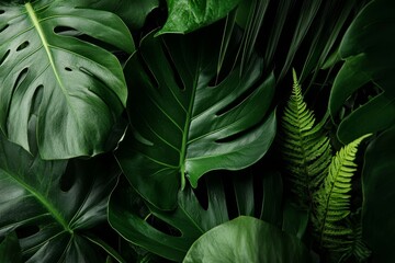 Fototapeta premium The concept of nature is beautifully represented through a creative layout of tropical leaves in a flat lay