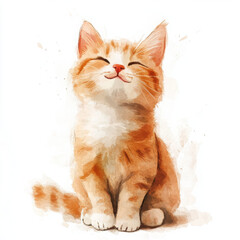 Illustration painted, cute cat is happy and smiling with closed eyes