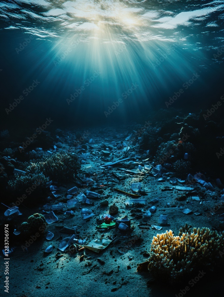 Aufkleber Underwater view of decaying coral and plastic pollution illuminated by dim light rays. Generative AI