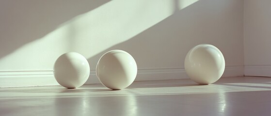 Three perfectly spherical globes are bathed in the soft sunlight of an empty room, reflecting simplicity, balance, and harmonious design.