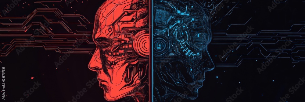 Fototapete Human head merging organic and mechanical features with advanced AI technology in a sci fi setting. Generative AI