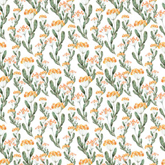 Watercolor seamless pattern with red flower, pansies and green meadow plants