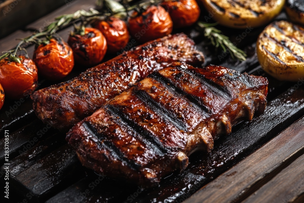 Poster grilled ribs with tomatoes and lemon on a wooden board ready for serving at a summer barbecue party.