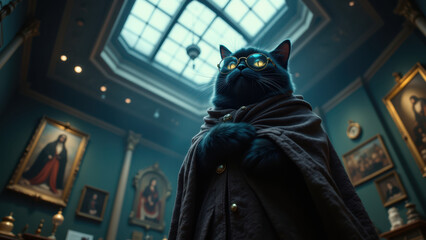 A black cat standing with a blanket draped over its back, looking regal amidst an ornate room setting.